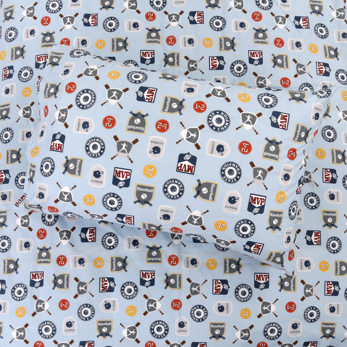 3-Piece Crib/Toddler Cotton Sheet Set Blue MVP Sports #32 #24 Basketball Baseball Football