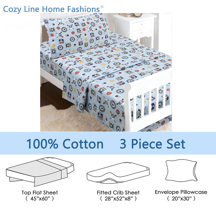 3-Piece Crib/Toddler Cotton Sheet Set Blue MVP Sports #32 #24 Basketball Baseball Football