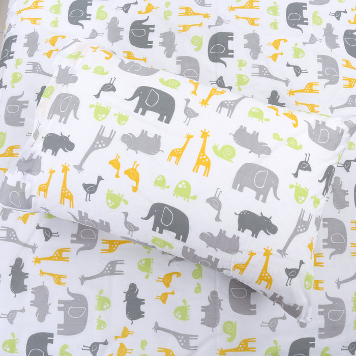 3-Piece Crib/Toddler Cotton Sheet Set Grey Yellow Safari Fun Animals Elephant Giraffe Hippo