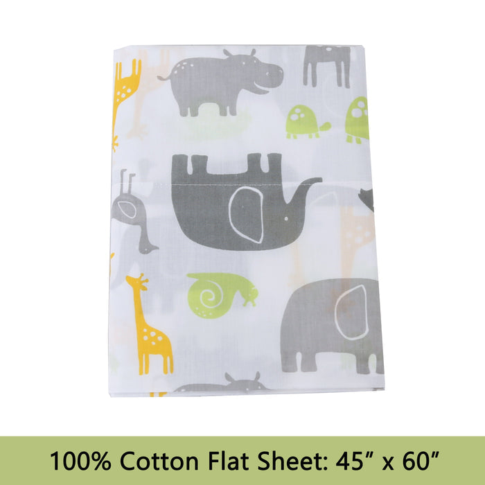 3-Piece Crib/Toddler Cotton Sheet Set Grey Yellow Safari Fun Animals Elephant Giraffe Hippo