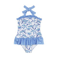 3.14 S0762 Preorder Sea Turtle Blue Print Ruffle Girls 1 Piece Halter Swimsuits