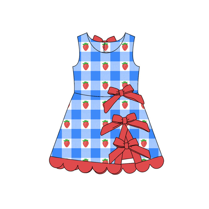 3.17 GSD3946 Preorder Strawberry Blue Plaid Girls 4th of July Scallop Yoga Dress
