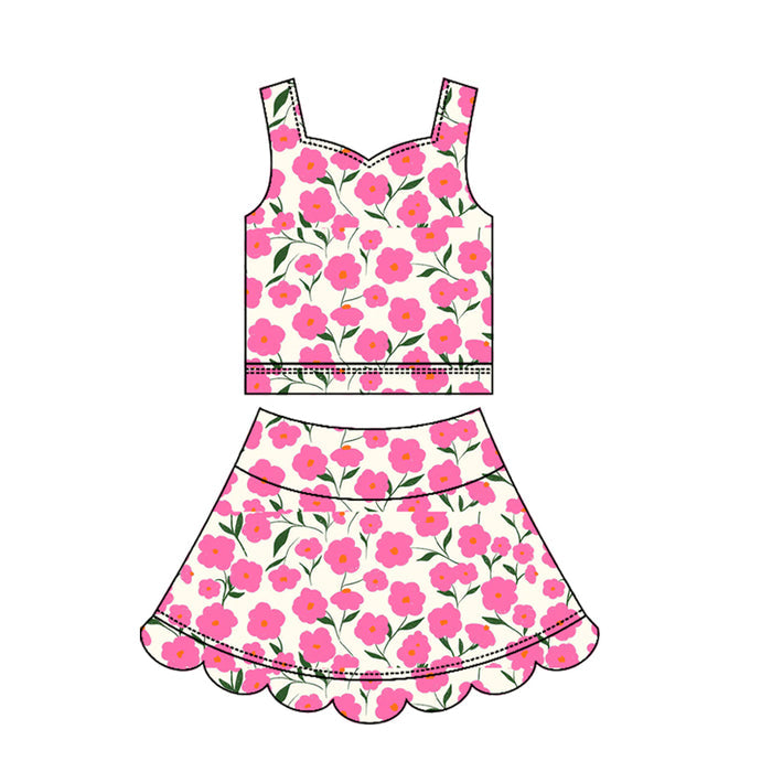 3.17 GSD3949 Preorder Hot Pink Flowers Girls Summer Scallop Yoga Clothes Set