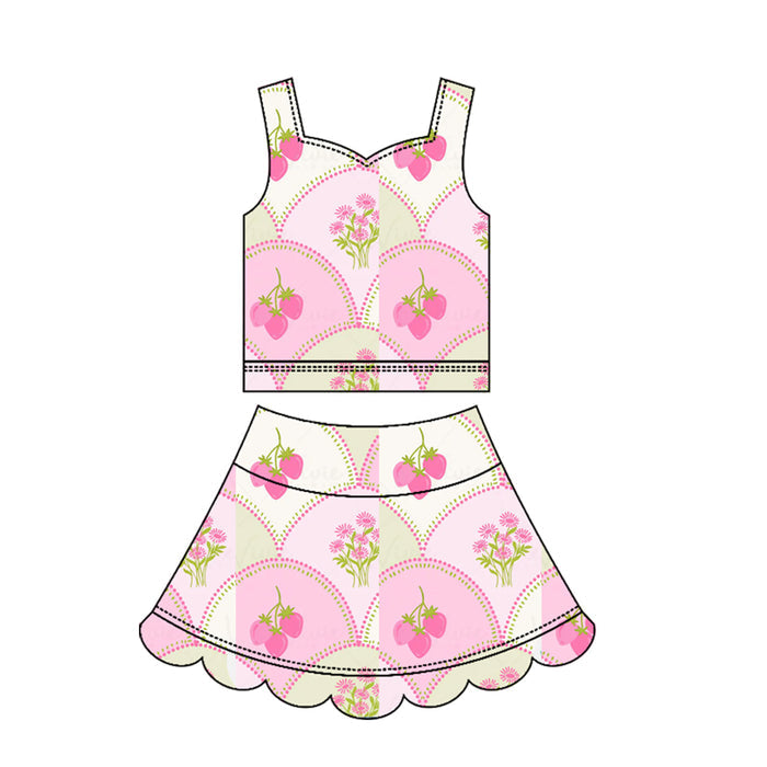 3.17 GSD3952 Preorder Strawberry Flowers Pink Girls Summer Scallop Yoga Clothes Set