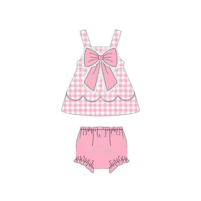 3.18 GBO0514 Preorder Plaid Big Bow Tunic Top Pink Shorts Baby Girls Summer Bummie Set