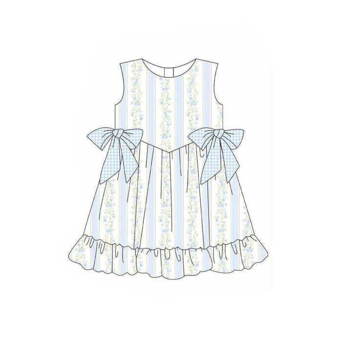 3.18 GSD3955 Preorder Blue Small Flowers Print Ruffle Girls Summer Knee Length Dress