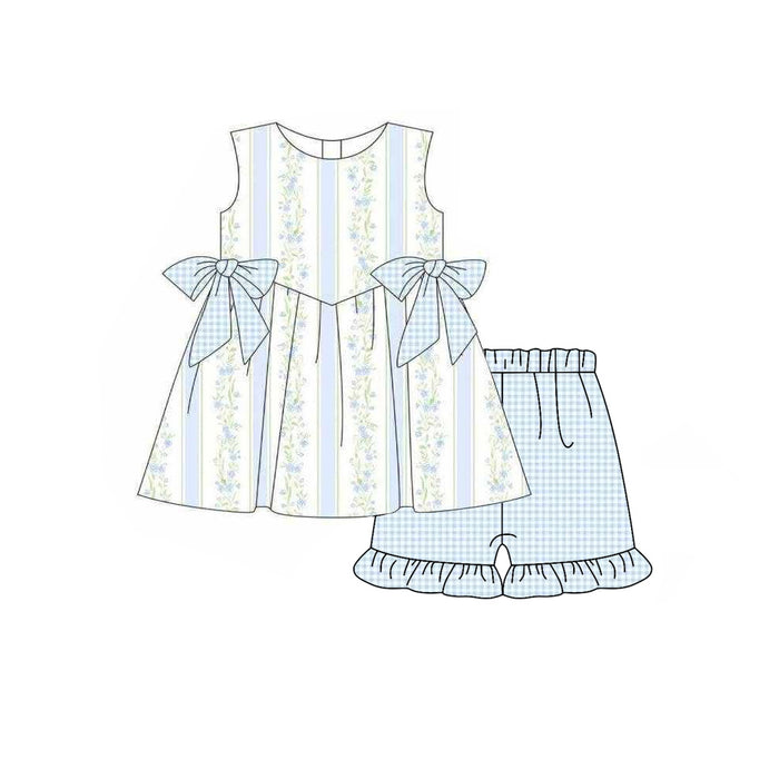3.18 GSSO3604 Preorder Blue Small Flowers Tunic Top Plaid Shorts Girls Summer Clothes Set