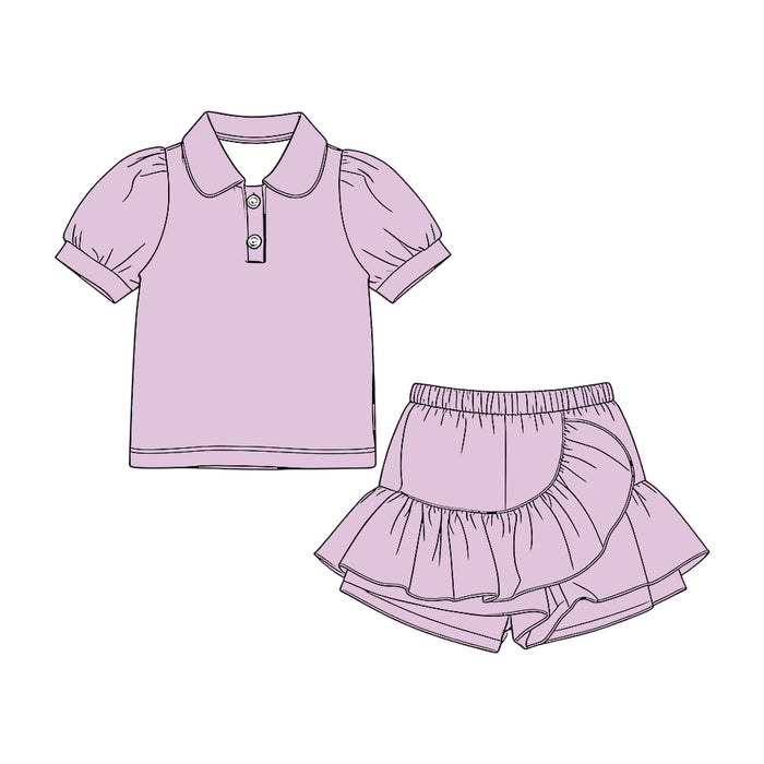 3.20 GSD3960 Preorder Purple Polo Top Ruffle Shorts Girls Summer Clothes Set