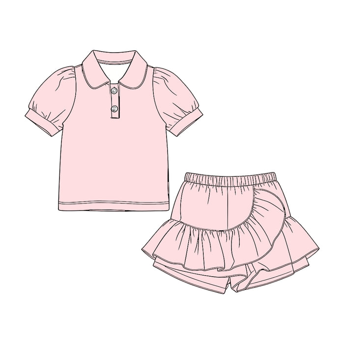 3.20 GSD3961 Preorder Pink Polo Top Ruffle Shorts Girls Summer Clothes Set