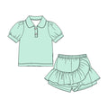 3.20 GSD3962 Preorder Green Polo Top Ruffle Shorts Girls Summer Clothes Set