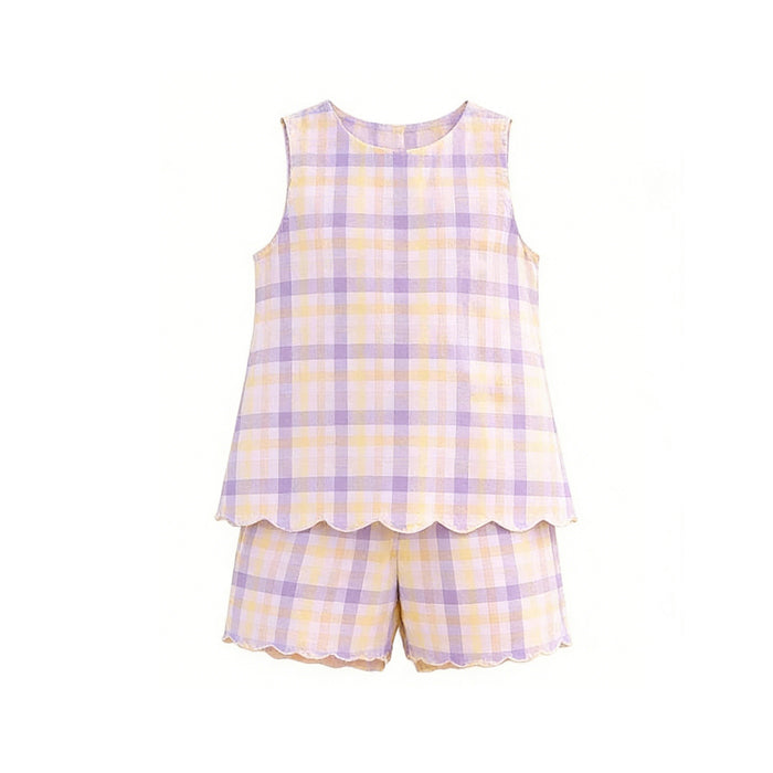 3.20 GSSO3608 Preorder Purple Yellow Plaid Sleeveless Top Shorts Girls Summer Scallop Clothes Set