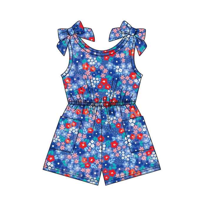 3.20 SR4133 Preorder Small Flowers Print Girls 4th of July Sleeveless Pockets Jumpsuits