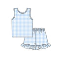 3.21 GSSO3624 Preorder Blue Plaid Sleeveless Top Ruffle Shorts Girls Summer Clothes Set