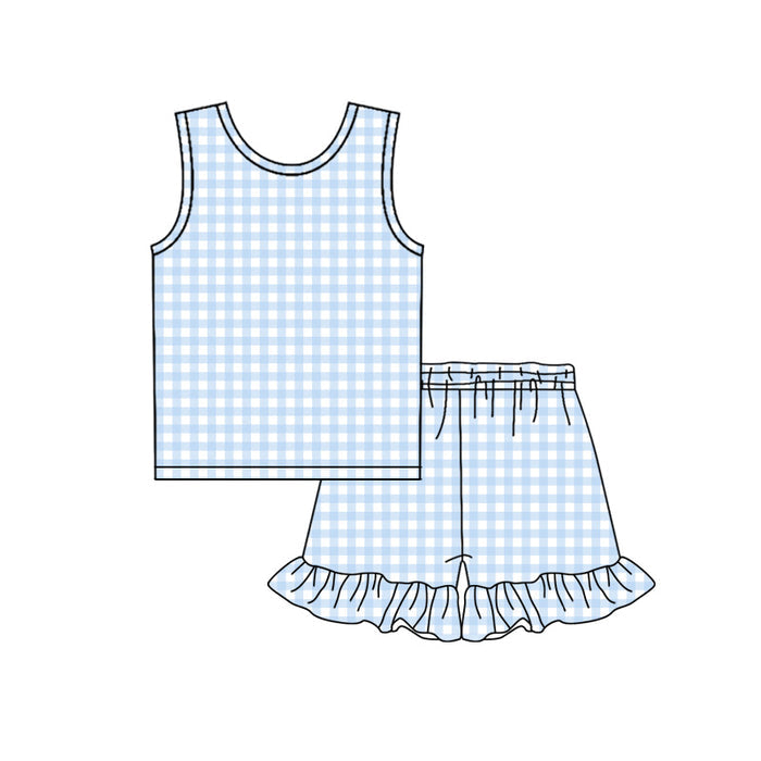 3.21 GSSO3624 Preorder Blue Plaid Sleeveless Top Ruffle Shorts Girls Summer Clothes Set