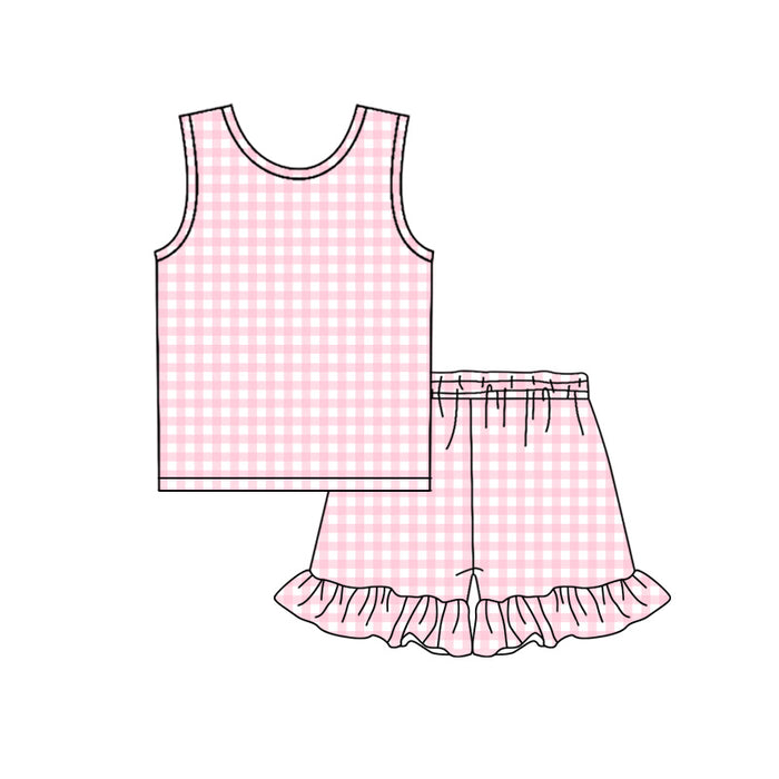 3.21 GSSO3625 Preorder Pink Plaid Sleeveless Top Ruffle Shorts Girls Summer Clothes Set