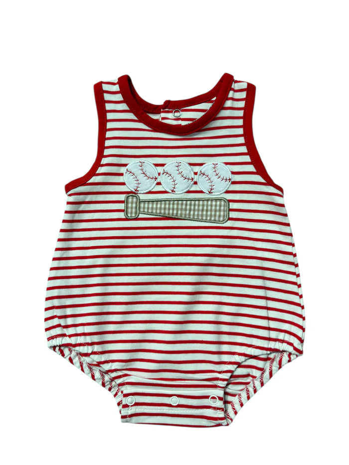 3.23 SR4148 Baby Boys Baseball Red Striped Sleeveless Bubble Romper Preorder