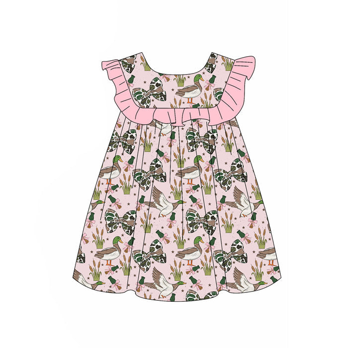 3.28 Girls Duck & Bow Print Ruffle Sleeve Dress – Pink Preorder
