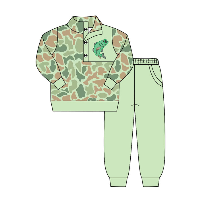 4.15 BLP1419 Preorder Fish Camo Pullover Top Green Pants Boys Clothes Set