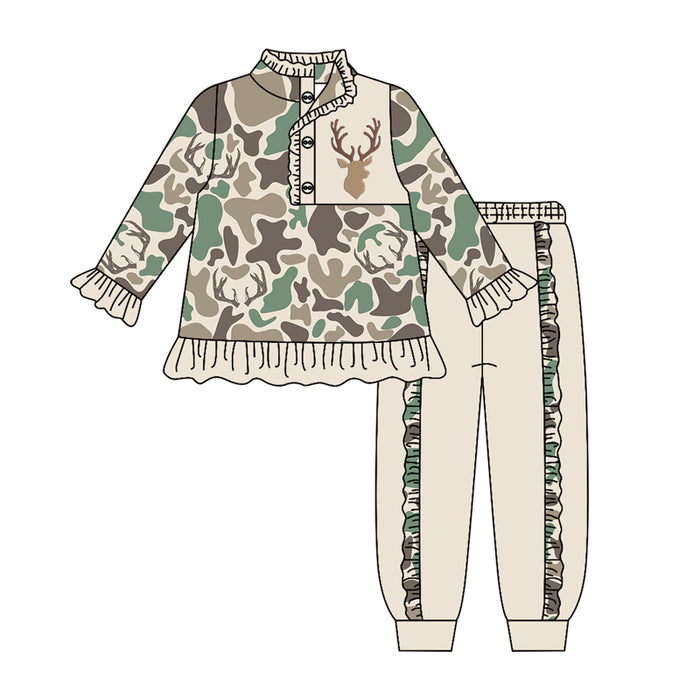 4.15 GLP3307 Preorder Deer Green Brown Camo Pullover Top Ruffle Pants Girls Clothes Set