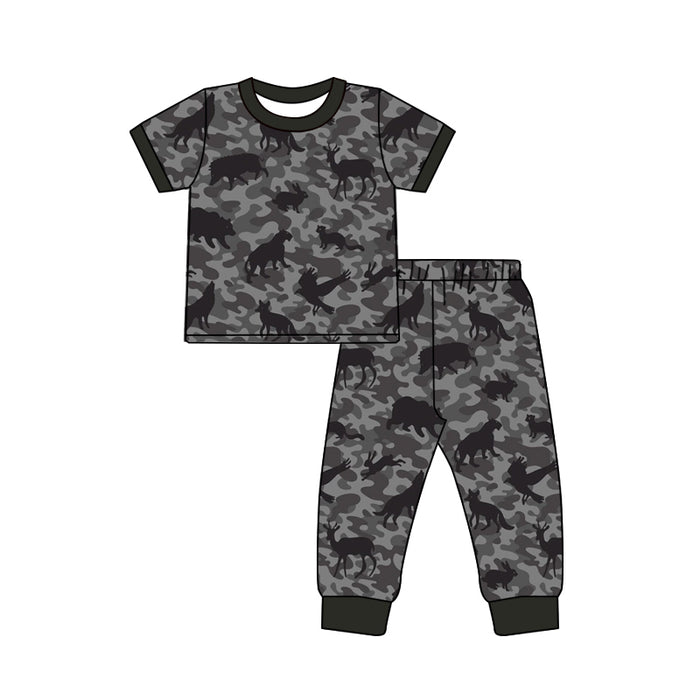 4.18 Toddler Boys Grey Camo Outfit Hunting Animal Short Sleeve Top with Pants Pajama Set Preorder