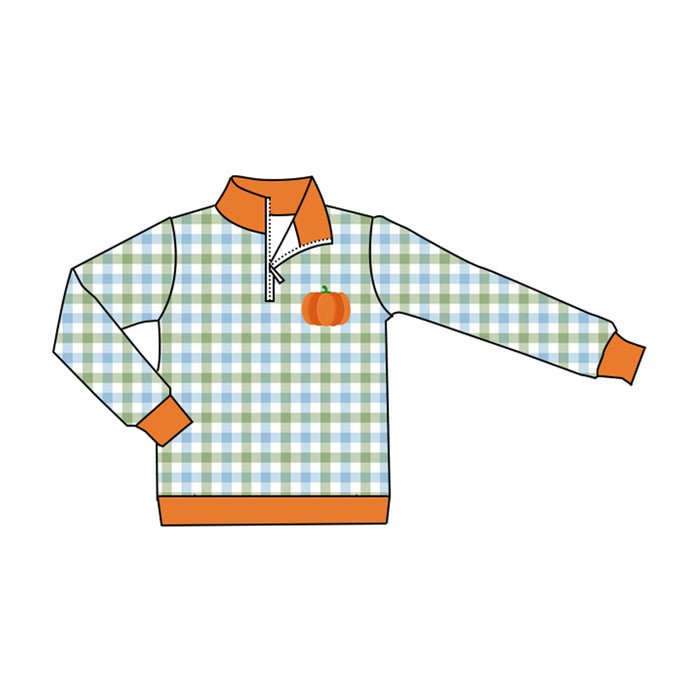 4.21 BT1819 Toddler Pumpkin Plaid Zipper Boys Long Sleeve Pullover Top Preorder