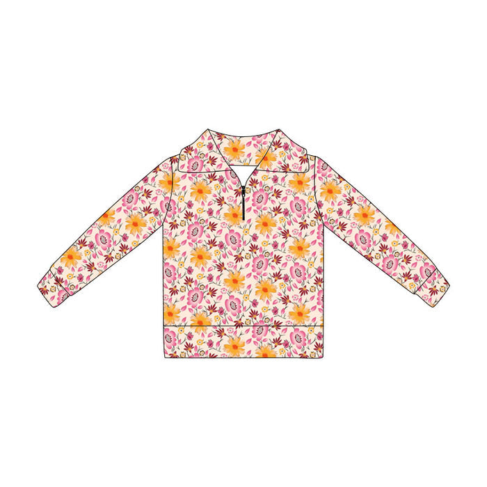 4.21 GT1648 Toddler Orange Pink Flowers Zipper Girls Long Sleeve Pullover Top Preorder
