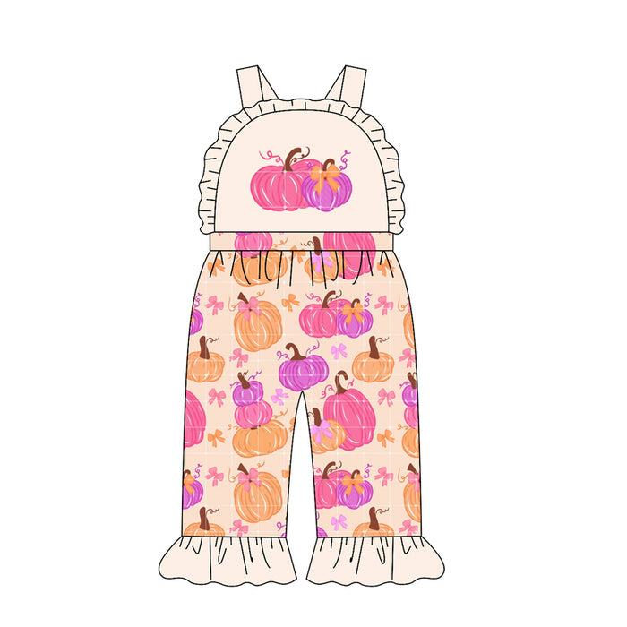 4.21 SR4220 Preorder Pumpkin Bows Baby Girls Strap Fall Jumpsuits