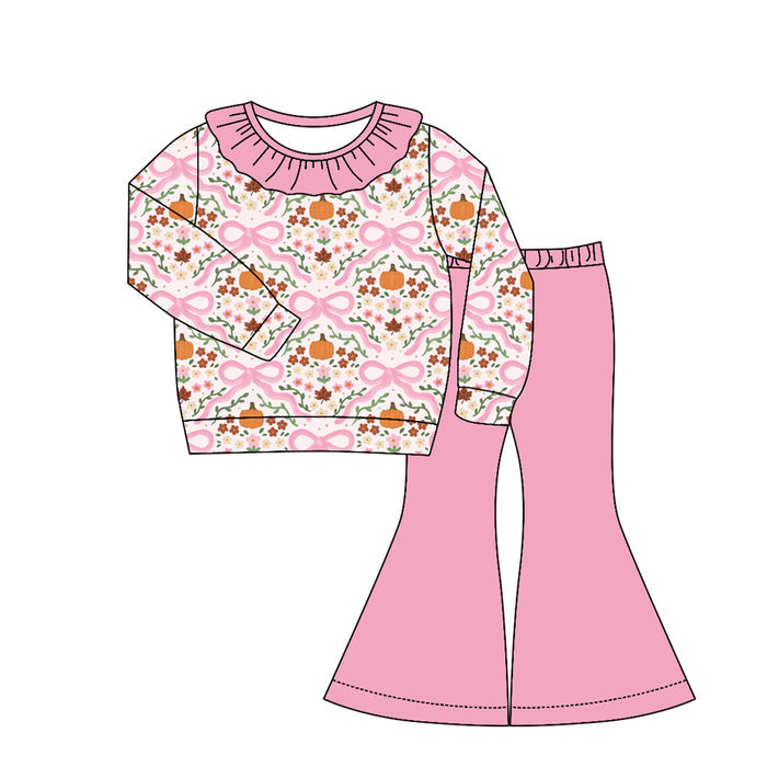 4.22 GLP3327 Preorder Flowers Pumpkin Bows Top Pink Bell Pants Girls Fall Clothes Set