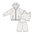 4.23 Girls Daisy Print 3-Piece Outfit - Hooded Jacket, Crop Tank & Checkerboard Shorts Set Preorder