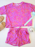 4.23 Girls Neon Pink Smiley Face Outfit - Short Sleeve Top & Drawstring Shorts Set Preorder