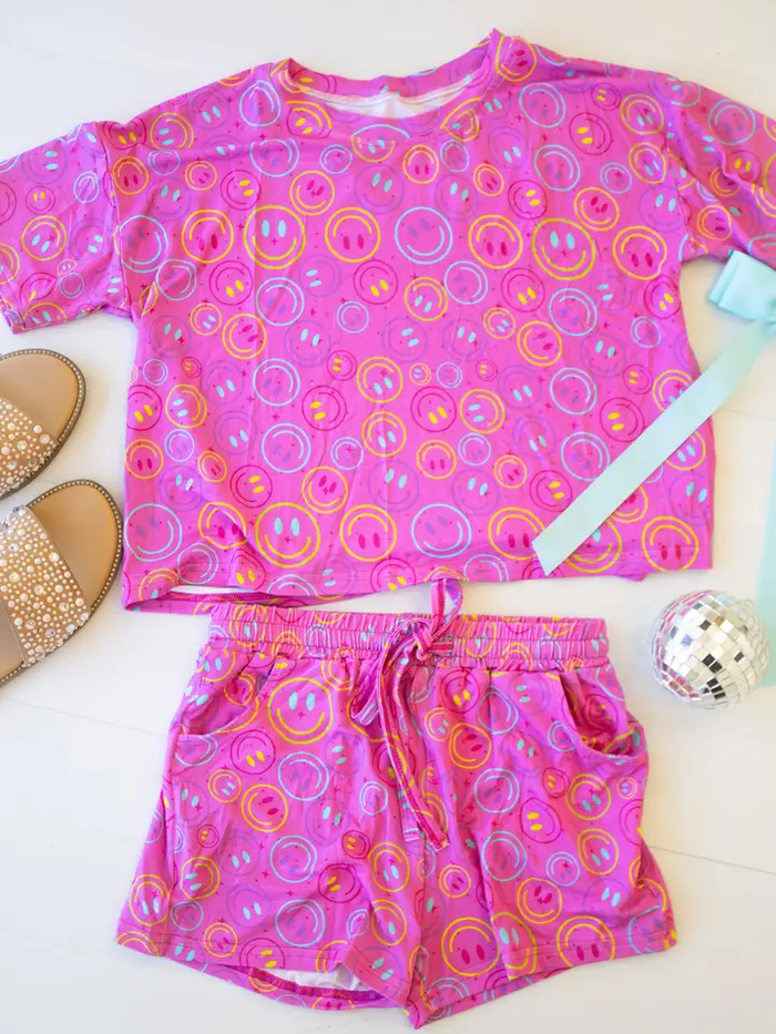 4.23 Girls Neon Pink Smiley Face Outfit - Short Sleeve Top & Drawstring Shorts Set Preorder