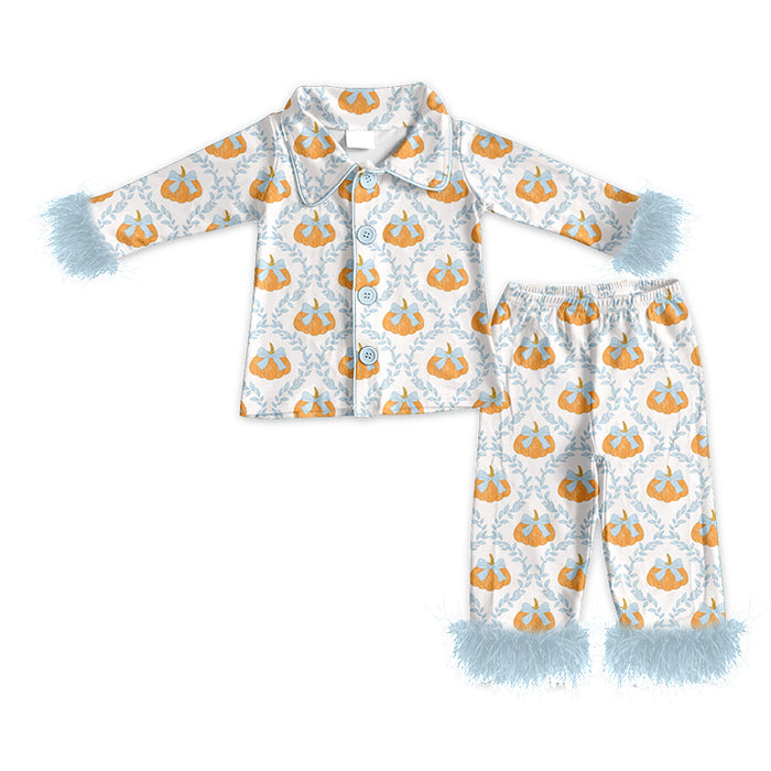 4.23 Kids Girls Blue Bow Pumpkin Pajama Set With Feather Preorder