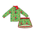 4.24 Girls Green Face Cartoon Christmas Outfit - Green Half Zip Top & Skirt Set Preorder