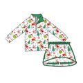 4.24 Girls Green Face Cartoon Christmas Outfit - Half Zip Top & Skirt Set Preorder