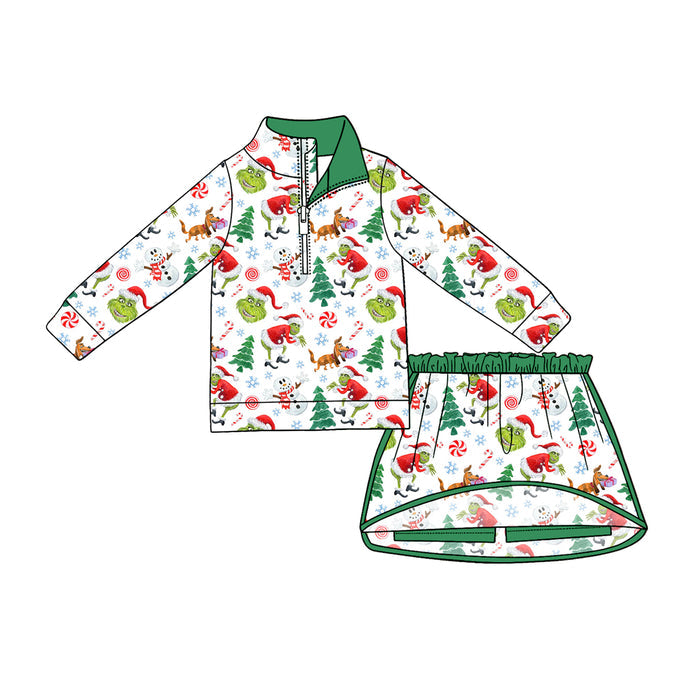 4.24 Girls Green Face Cartoon Christmas Outfit - Half Zip Top & Skirt Set Preorder