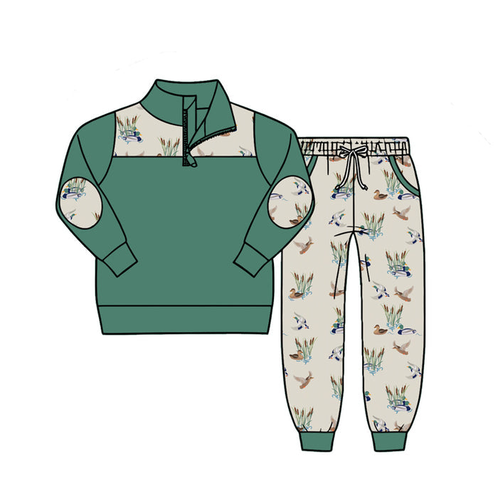 4.27 Boys Marsh Duck Print Outfit - Green Quarter Zip Sweatshirt & Mallard Jogger Pants Preorder