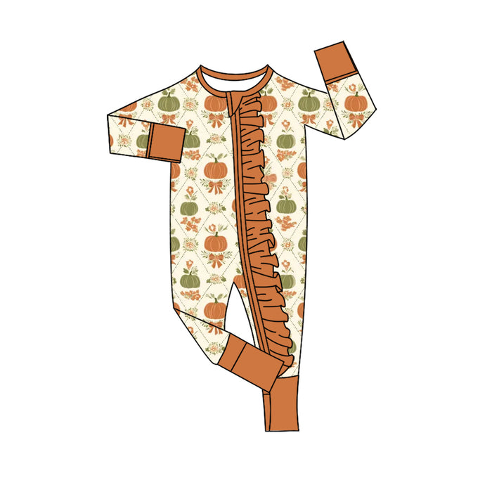 4.28 LR3059 Pumpkin Flowers Baby Girls Fall Zipper Sleeper Romper Preorder