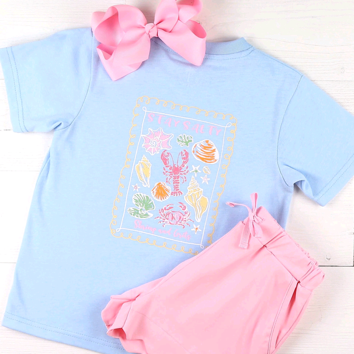 4.29 GSSO3787 Crayfish Shell Blue Top Pink Shorts Baby Girls Summer Clothes Set Preorder