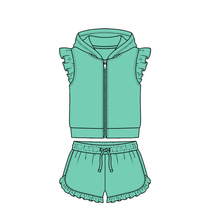 4.7 Mint Green Solid Color Flutter Sleeve Hoodie Top with Shorts Outfit Preorder