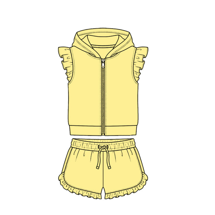 4.7 Yellow Solid Color Flutter Sleeve Hoodie Top with Shorts Outfit Preorder