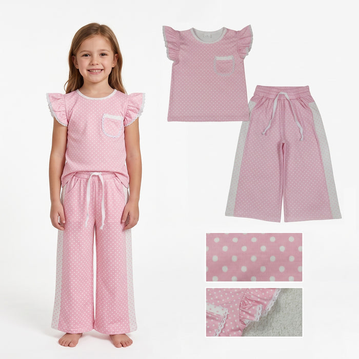 5 Colors Polka Dot Flutter Sleeve Top Straight Pockets Pants Girls Clothes Set Sisters Wear