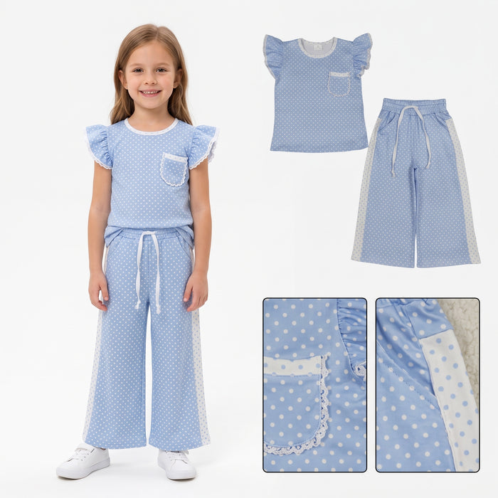 5 Colors Polka Dot Flutter Sleeve Top Straight Pockets Pants Girls Clothes Set Sisters Wear