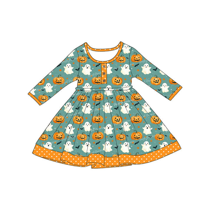 5.1 GLD1623 Pumpkin Ghost Baby Girls Halloween Long Sleeve Knee Length Dress Preorder
