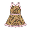 5.1 Kdis Girls Browm Camo Strap Active Dress with Pink Ruffle Preorder