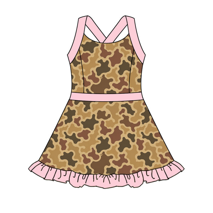 5.1 Kdis Girls Browm Camo Strap Active Dress with Pink Ruffle Preorder