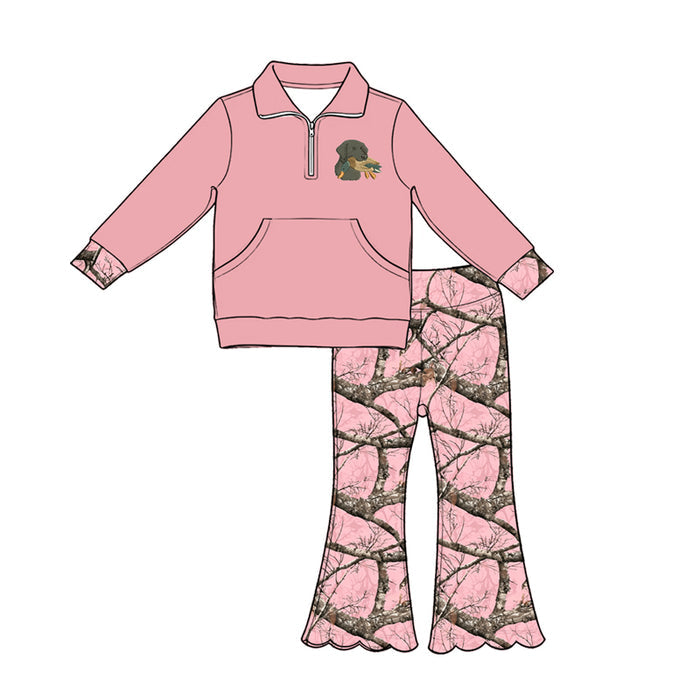 5.1  Kids Girls Hunting Dog Pullover Top +Pink Camo Flare Pants Outfit Preorder