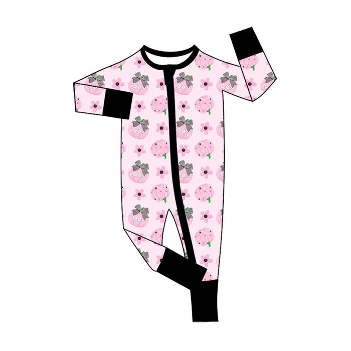 5.1 LR3066 Pumpkin Bows Pink BOO Baby Girls Halloween Zipper Sleeper Romper Preorder