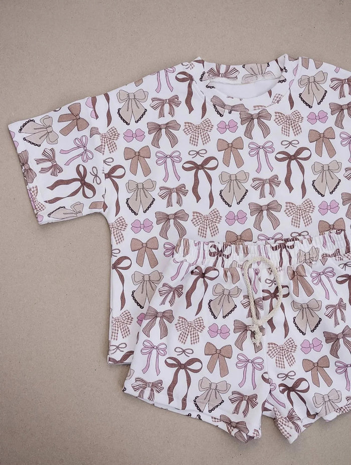 5.11 Toddler Girls Brown Pink Bow Short Sleeve Tee & Shorts Set Preorder