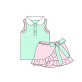 5.9 Girls Mint & Pink Peter Pan Collar Set - Sleeveless Top & Bow Ruffle Skort Preorder