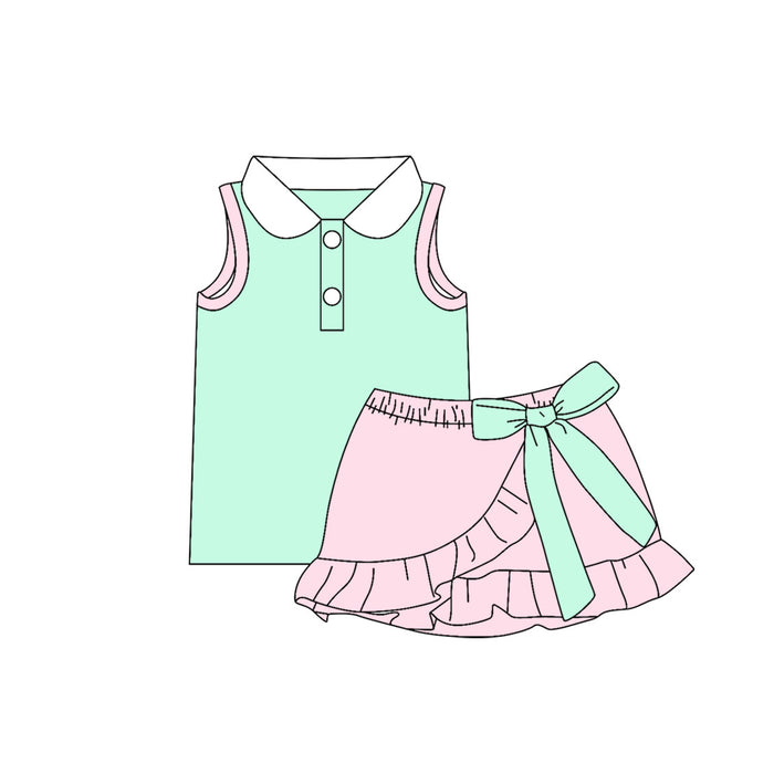 5.9 Girls Mint & Pink Peter Pan Collar Set - Sleeveless Top & Bow Ruffle Skort Preorder